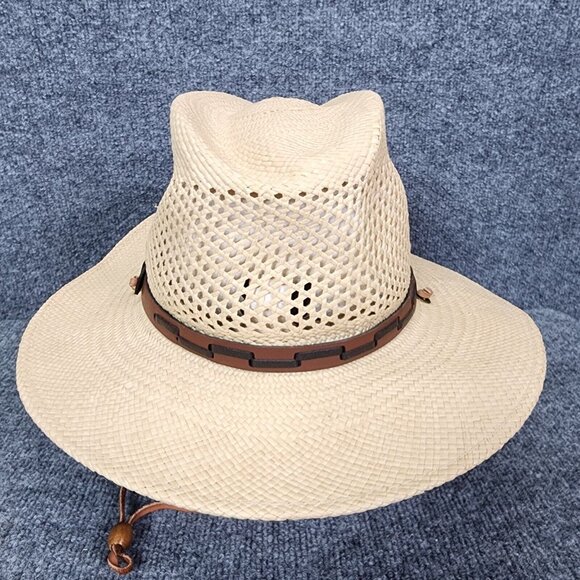 STETSON Airway Natural Straw Vented Panama Safari Hat Large Chin Strap Travel - Picture 10 of 16
